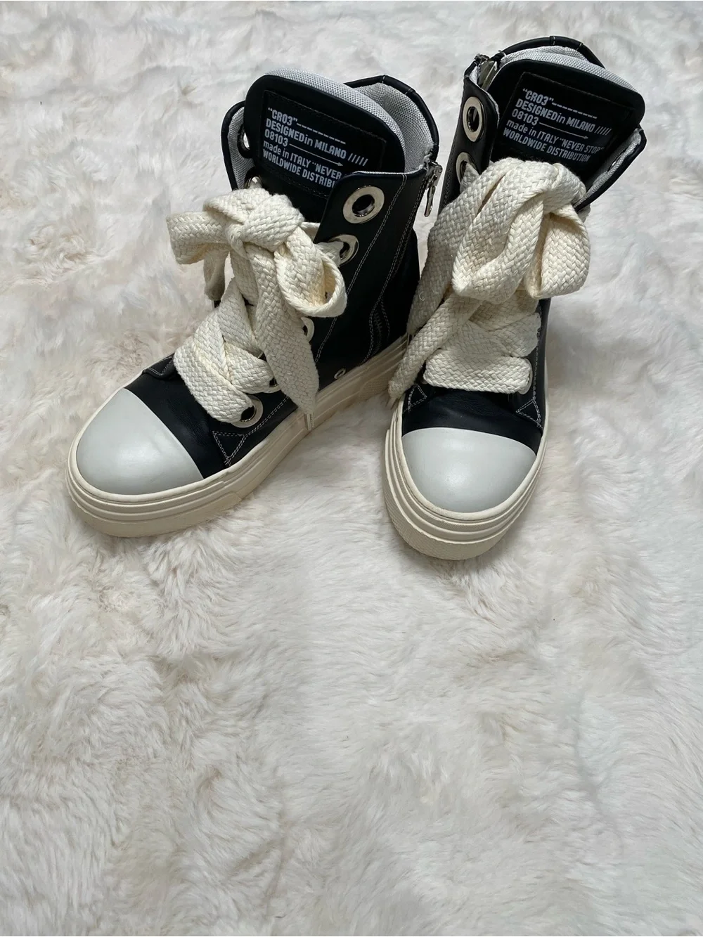 High-Top Platform Lace Sneakers in Black and Cream